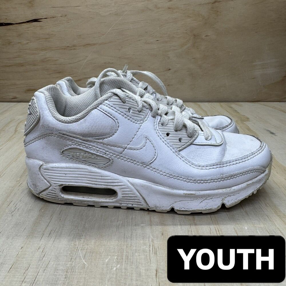USED sz 3.5Y YOUTH Nike Air Max 90 LTR White/White-Metallic Silver CD6864 100